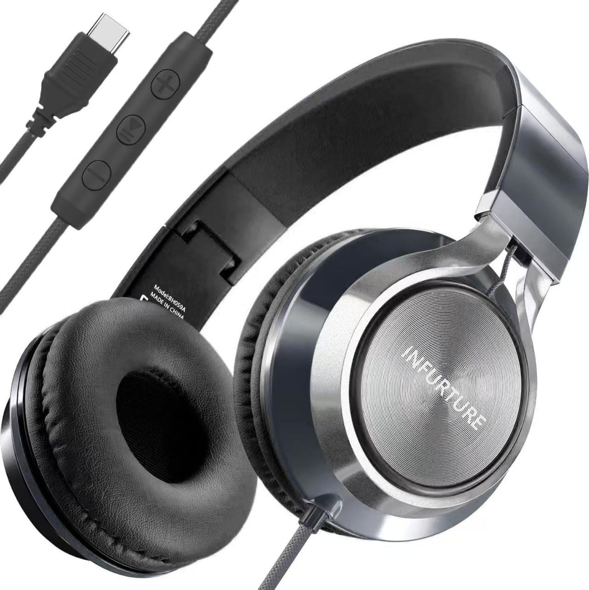 INFURTURE USB-C headphones with mic close-up highlighting plug-and-play setup