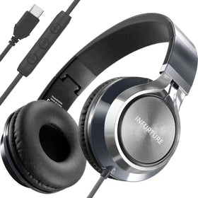INFURTURE USB-C headphones with mic close-up highlighting plug-and-play setup
