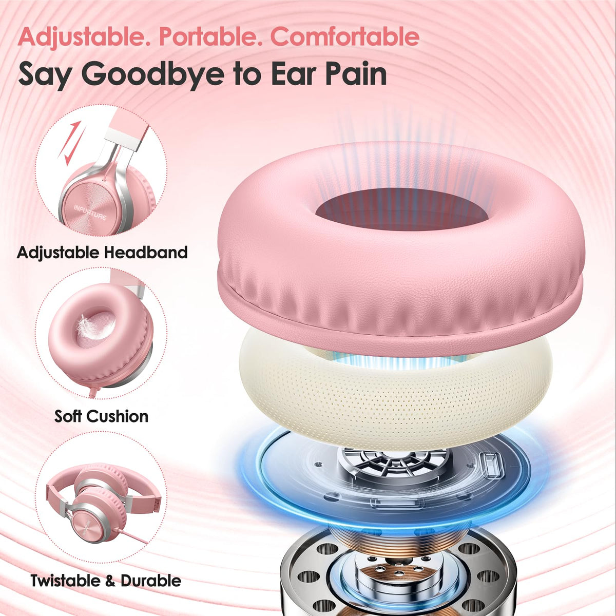 INFURTURE USB-C headphones pink adjustable headband fits multiple head sizes.