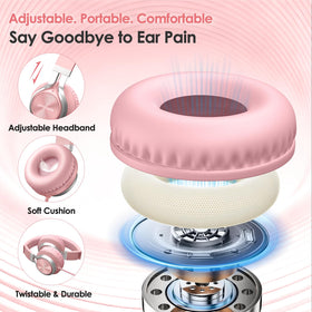 INFURTURE USB-C headphones pink adjustable headband fits multiple head sizes.