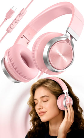 INFURTURE USB-C headphones pink show universal compatibility with iPhone, iPad, and MacBook.