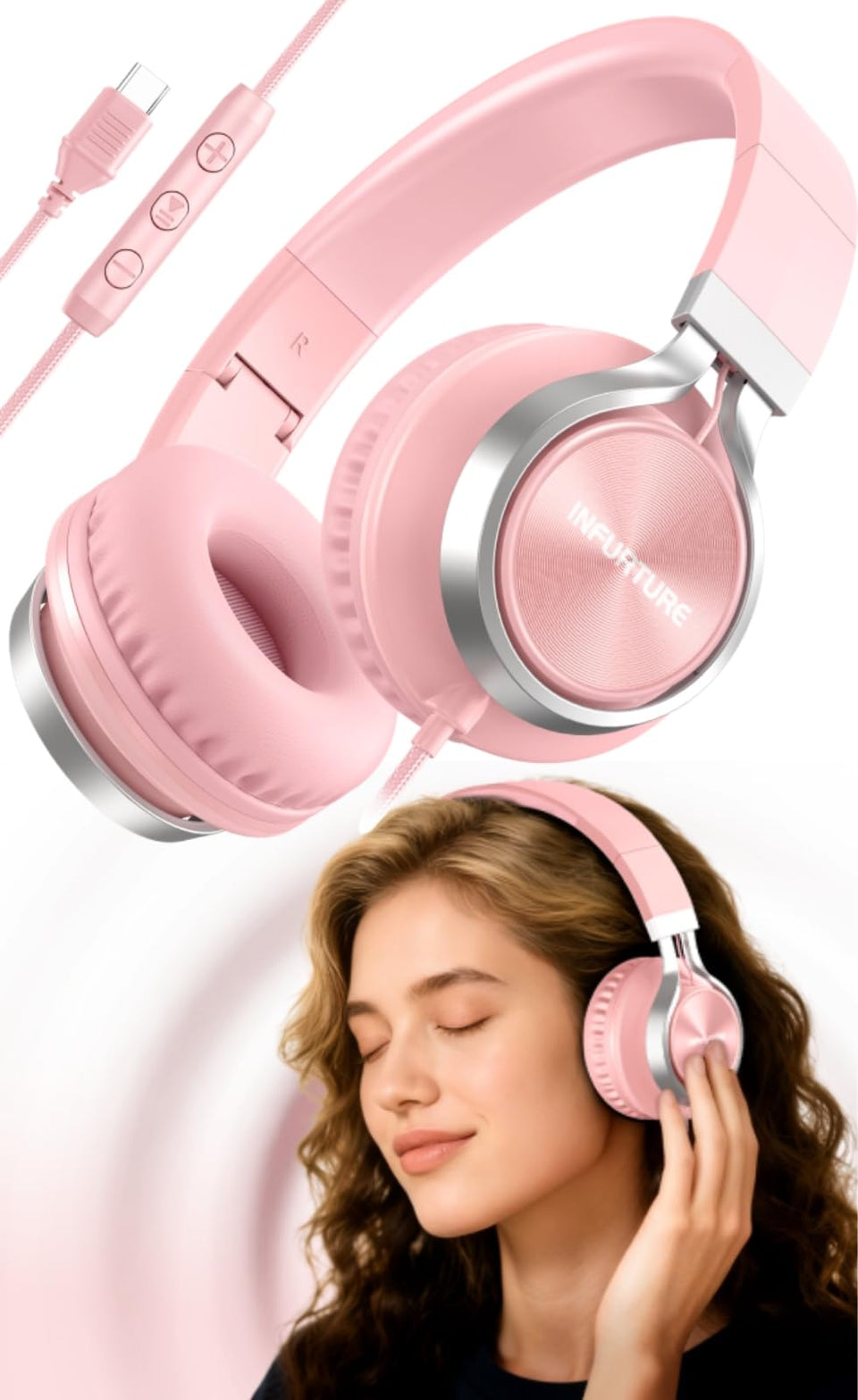 INFURTURE USB-C headphones pink show universal compatibility with iPhone, iPad, and MacBook.