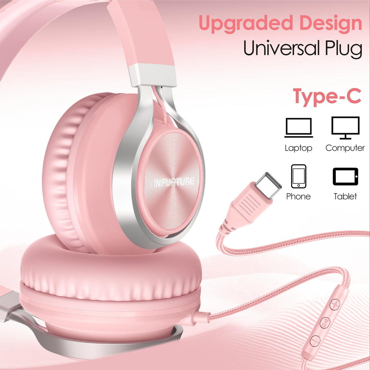 INFURTURE USB-C headphones pink rugged ABS build withstands daily use.