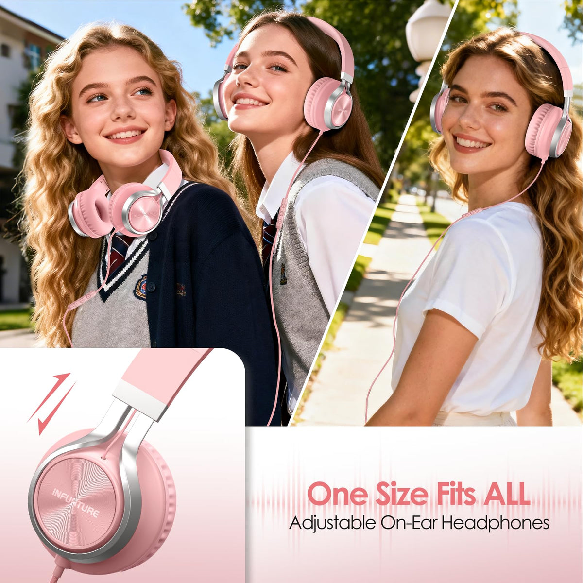 INFURTURE USB-C headphones pink plush ear cushions for all-day comfort.