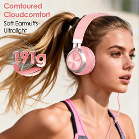 INFURTURE USB-C headphones pink foldable design for compact travel and storage.