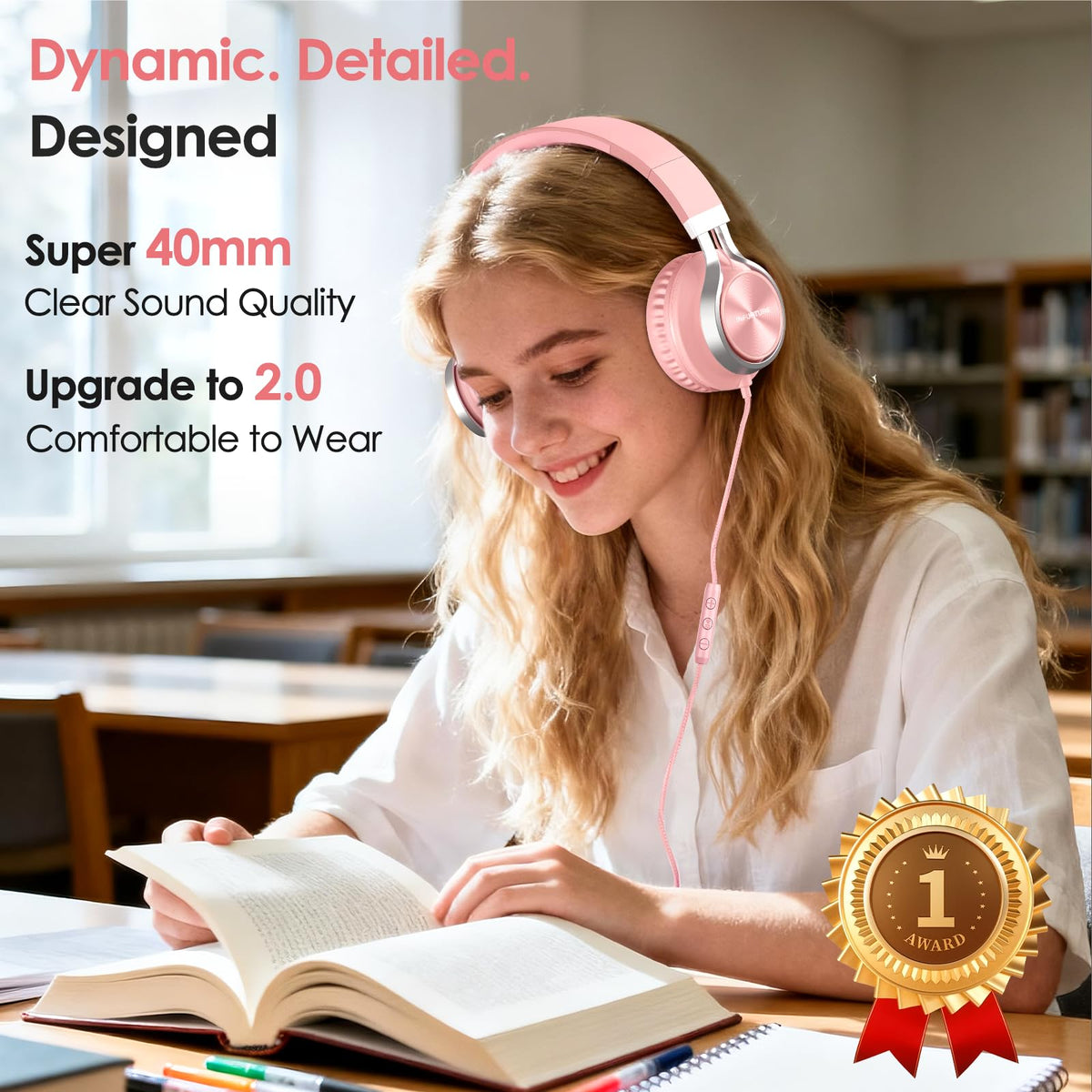INFURTURE USB-C headphones pink highlight built-in mic for clear calls in busy spaces.