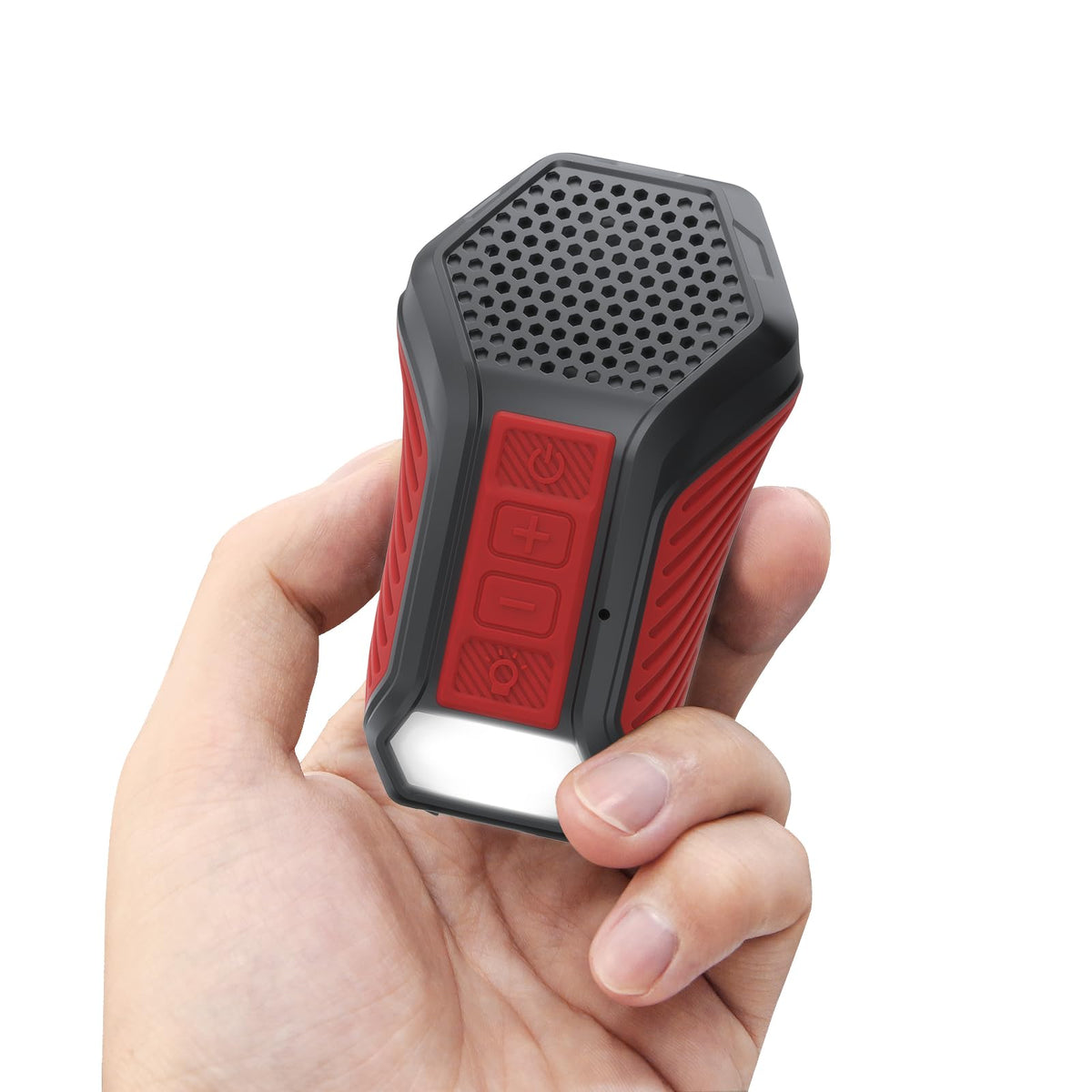 INGA front view showing red clip-on speaker and compact benefit