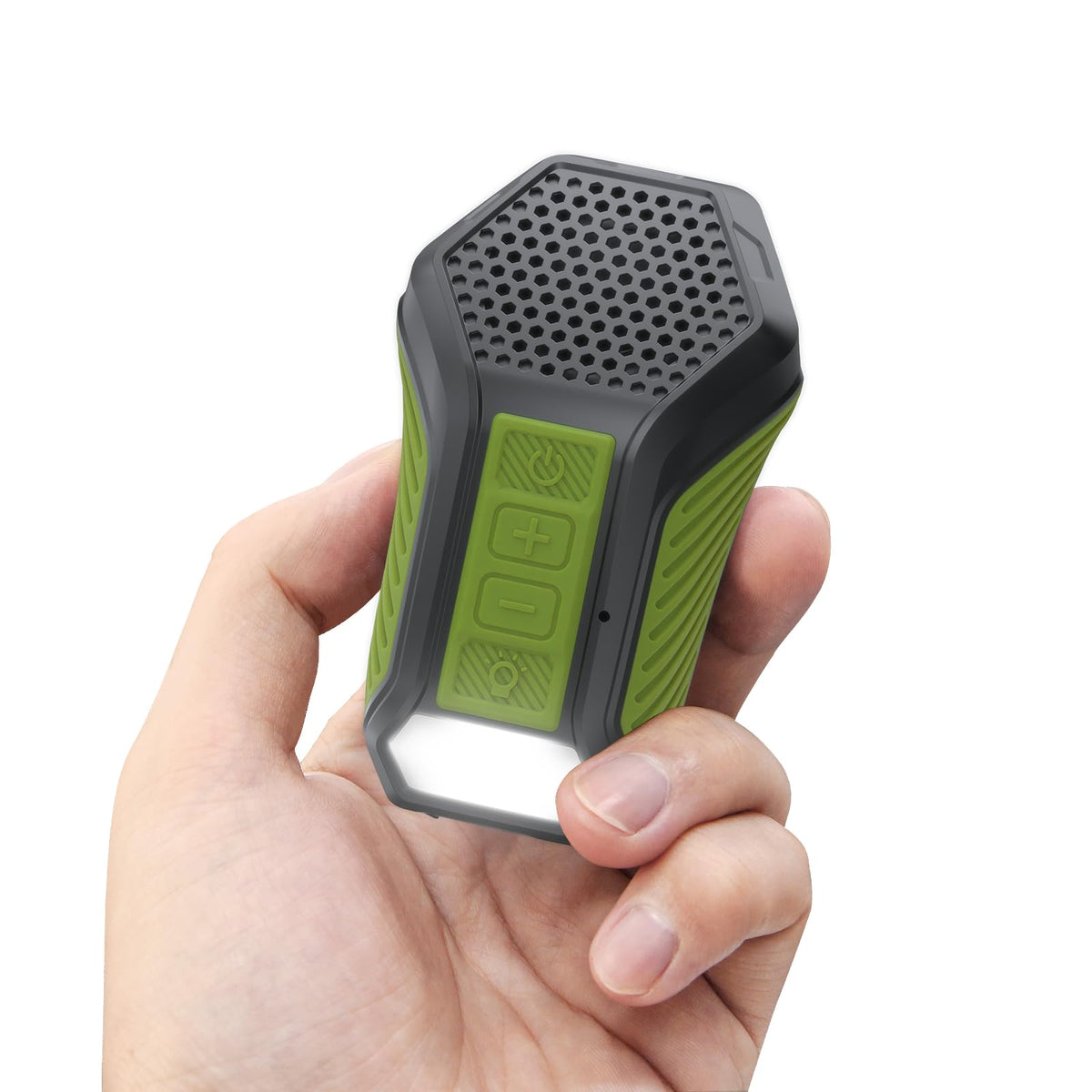 INGA front view showing compact speaker and clip, offering portable convenience