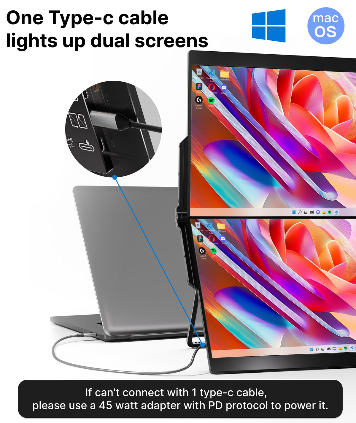 Ingnok dual portable monitor USB-C connection enables simple setup.