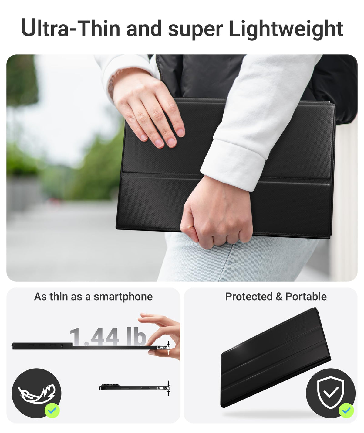 Ingnok ultra-thin travel monitor, light as a smartphone, ideal for on-the-go.