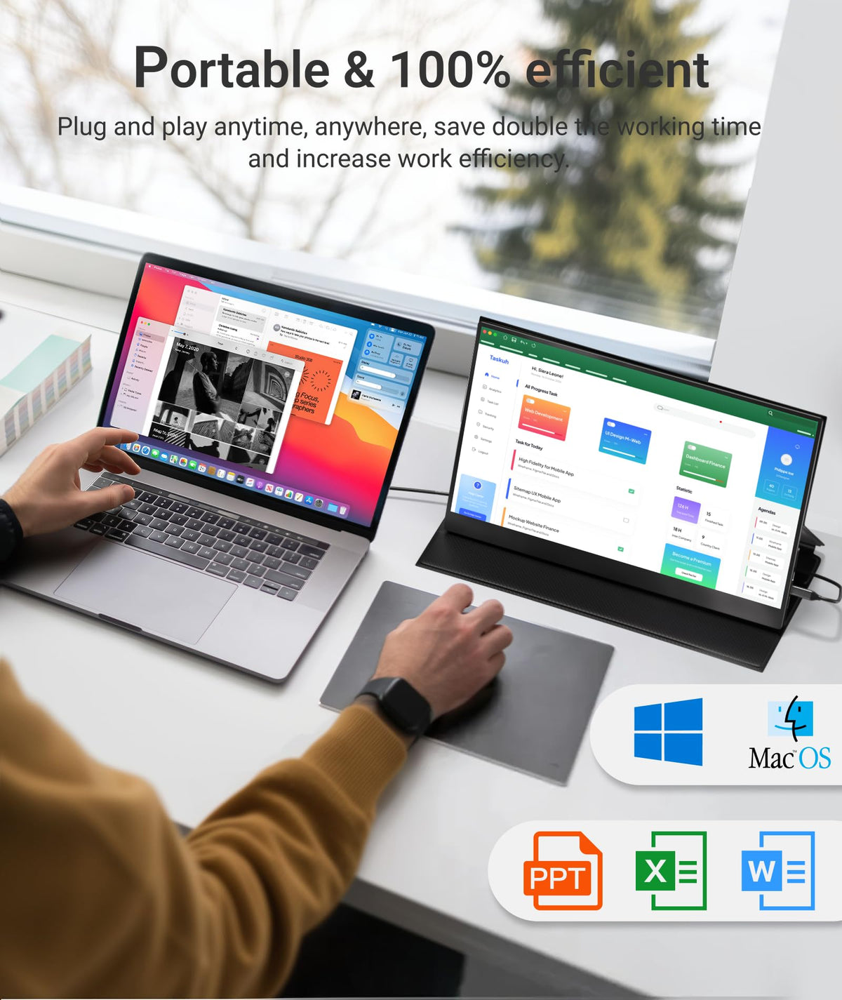 Ingnok USB-C plug-and-play monitor supports easy setup with most laptops.