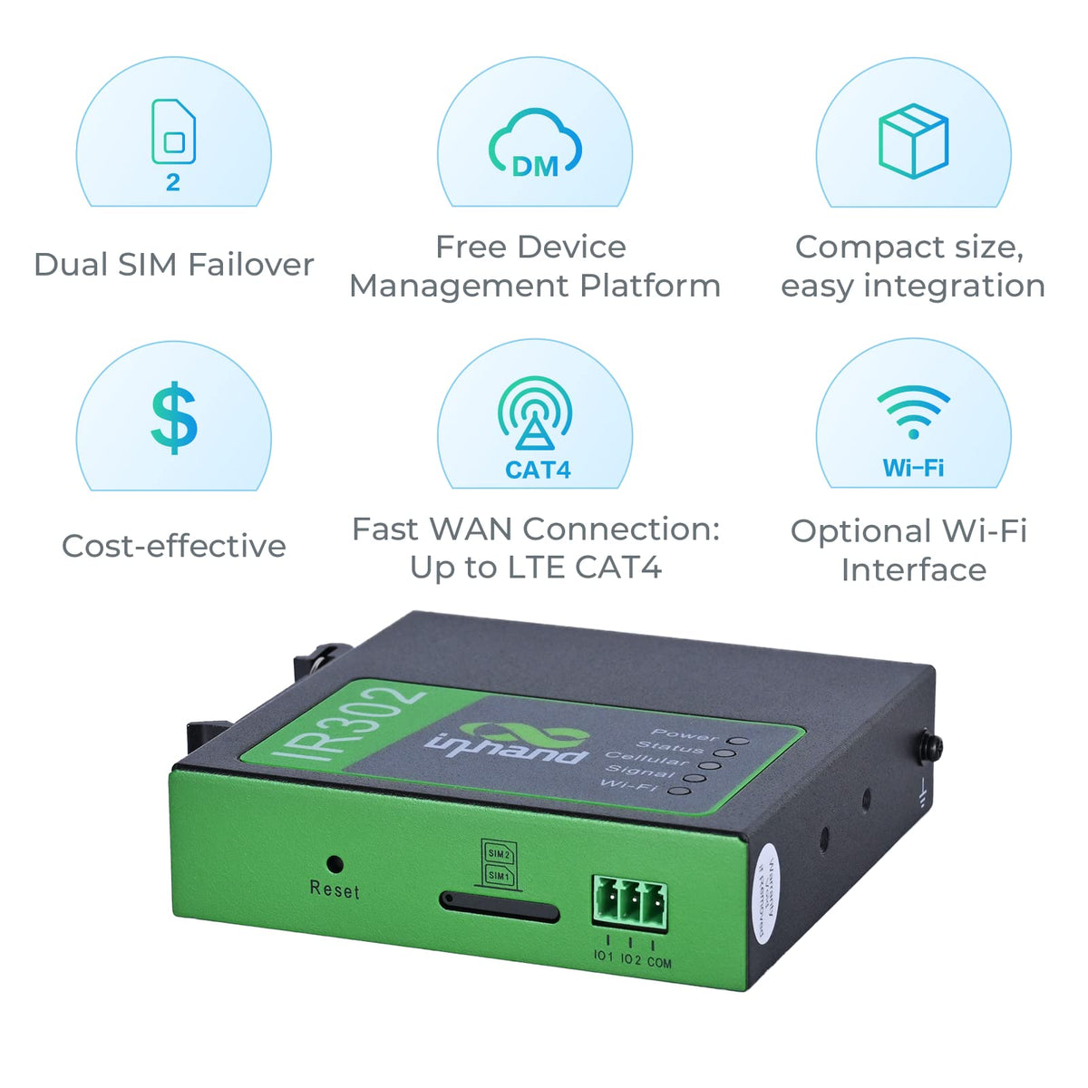 InHand IR302 rugged DIN-rail design for harsh environments.