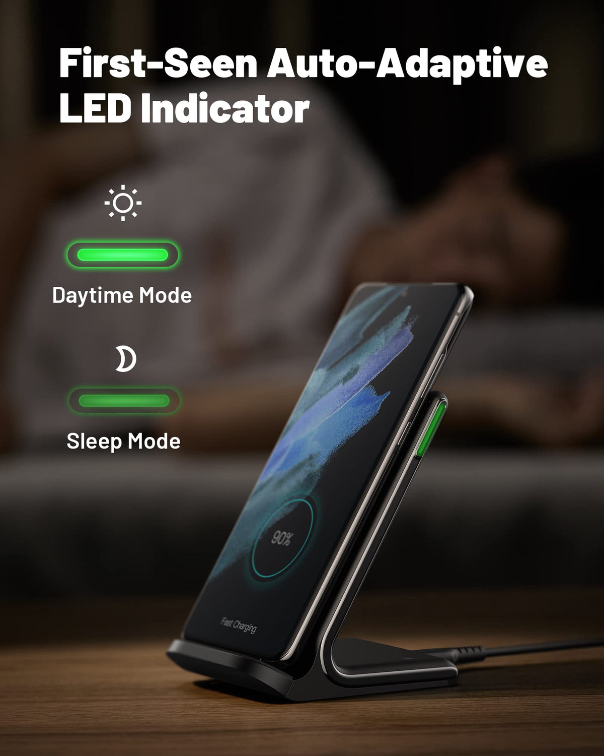 INIU adaptive LED indicator glowing gently to prevent sleep disruption