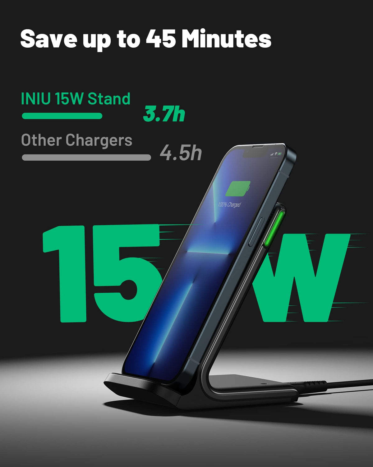 INIU on a nightstand illustrating quiet charging and bedside suitability