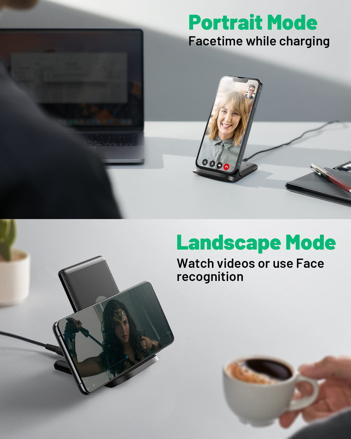 INIU charging a phone upright for FaceTime and secure facial recognition
