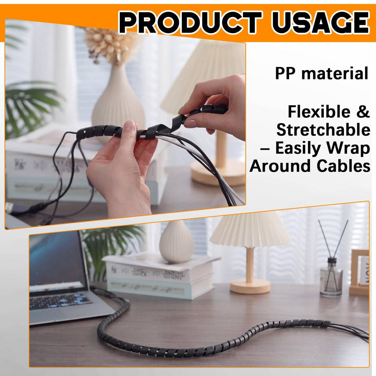 Innconee spiral wrap organizing office cables for a neater, tangle-free workspace