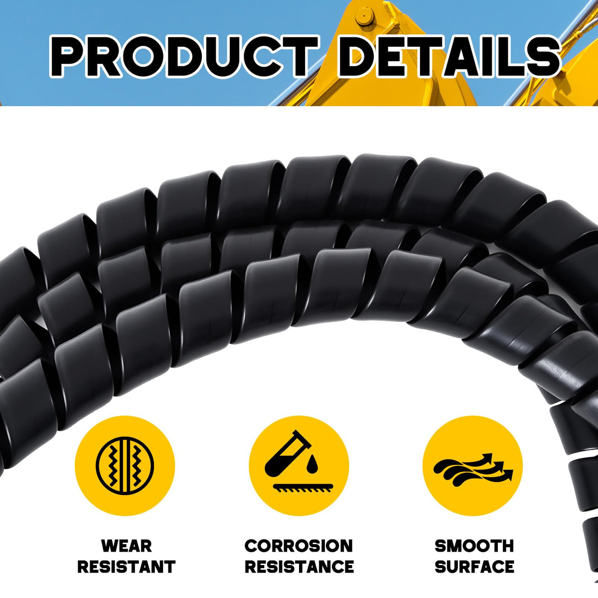 Innconee installed on hydraulic hose demonstrating organized routing and protection benefit
