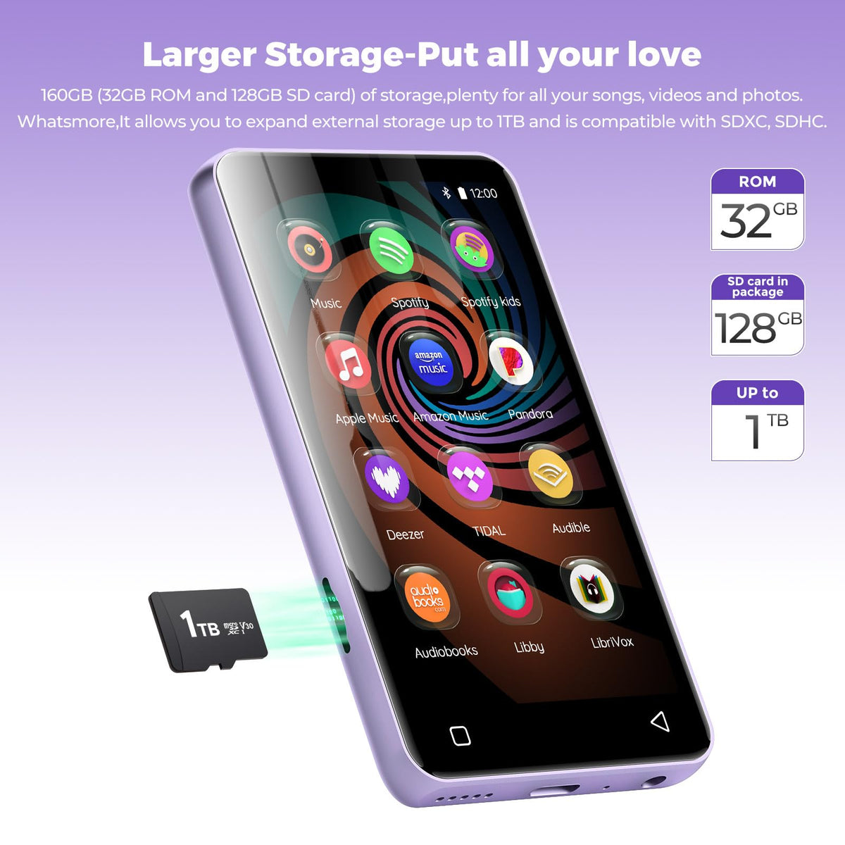 innioasis 160GB MP3 player SD card slot expands storage up to 1TB for your music library
