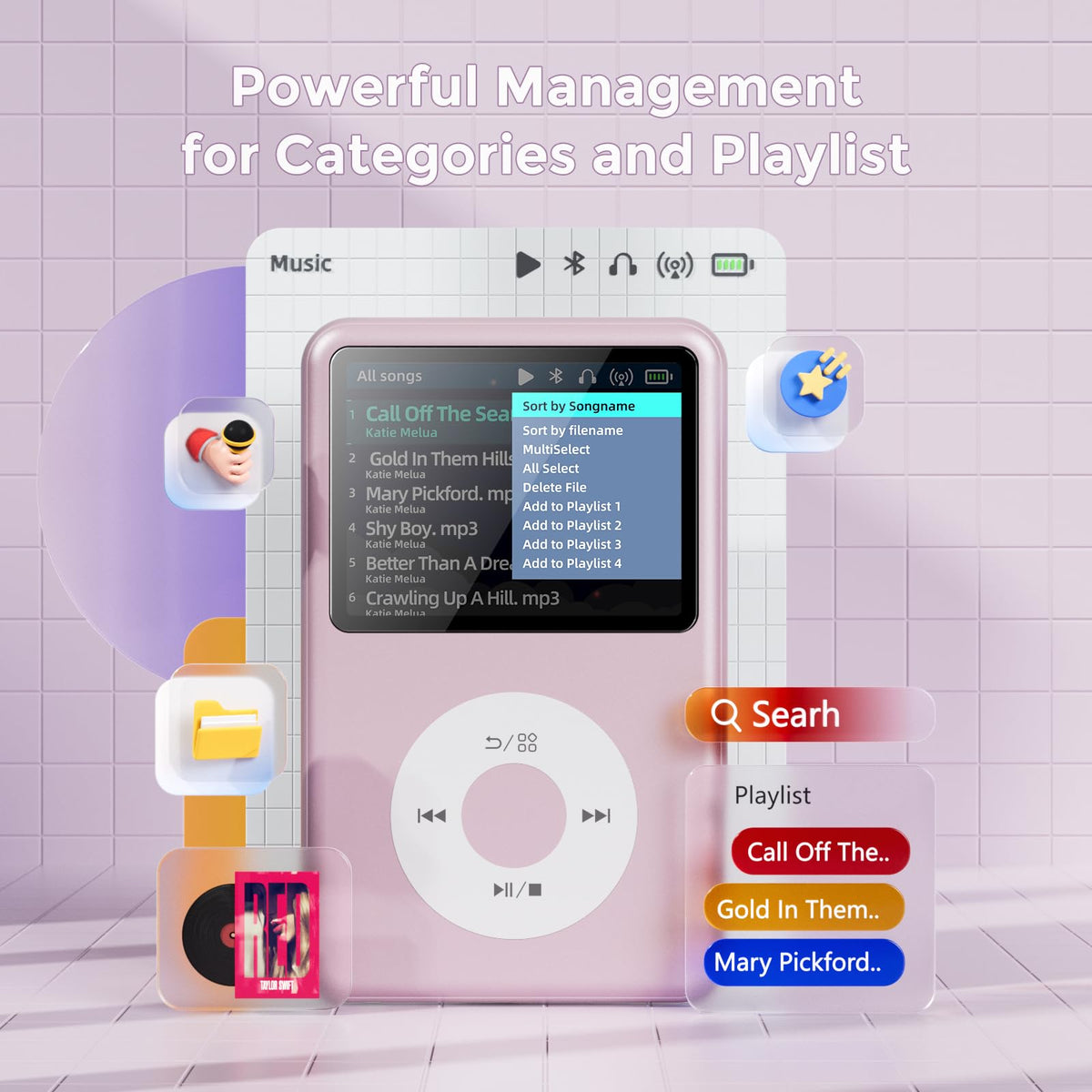 innioasis 64gb mp3 player bluetooth pairing icon for wireless listening.
