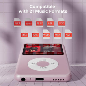 innioasis 64gb mp3 player pink design with clip for clip-on use.
