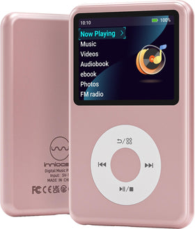 innioasis 64gb mp3 player pink front view for portable listening on the go.