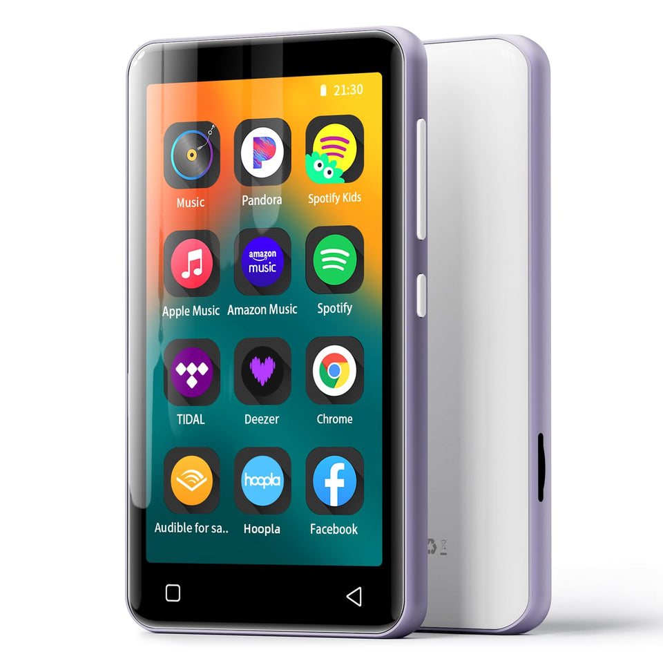 innioasis 80GB MP3 Player front view in white and purple with easy Spotify access.
