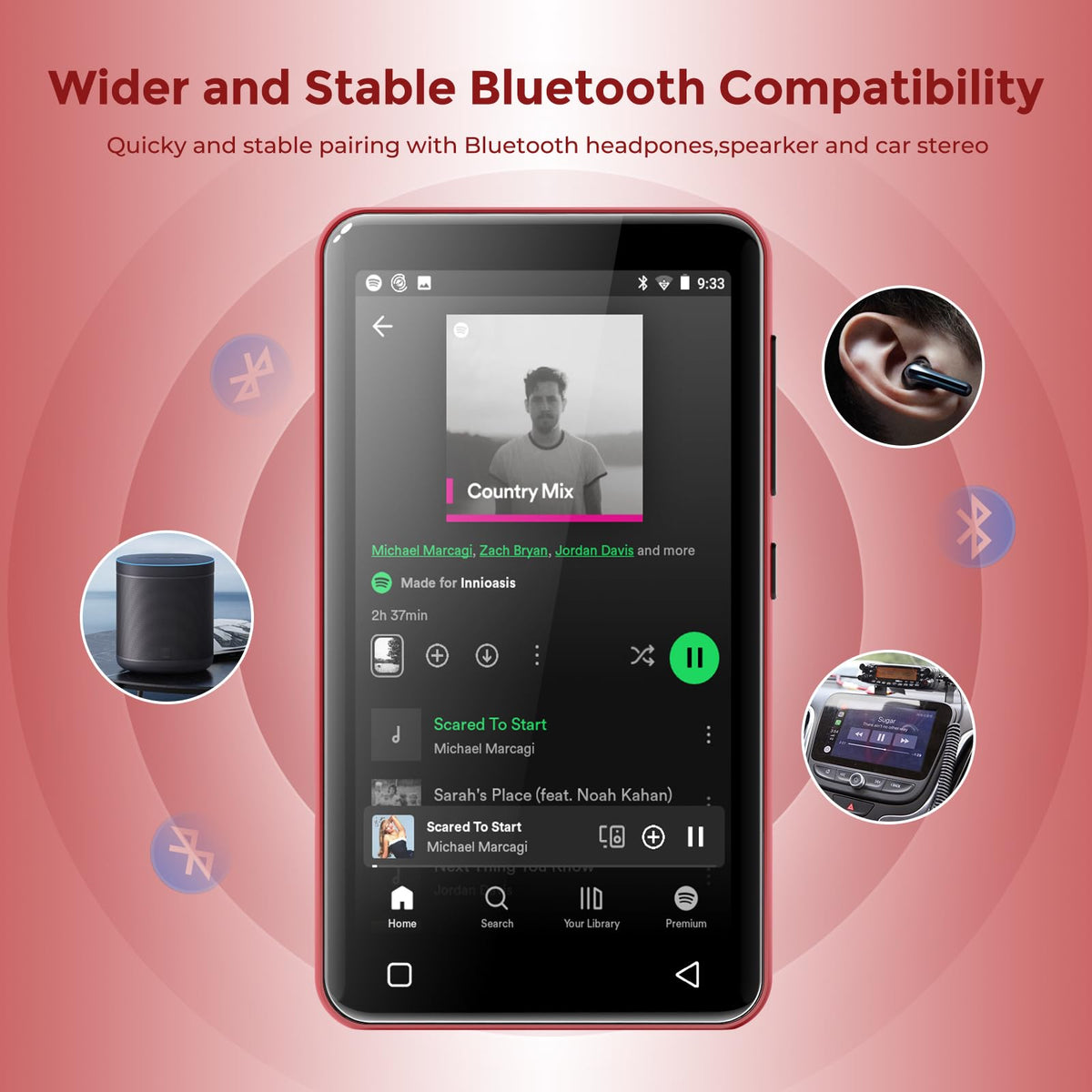 innioasis G1 displaying Spotify app showing streaming access benefit instant music