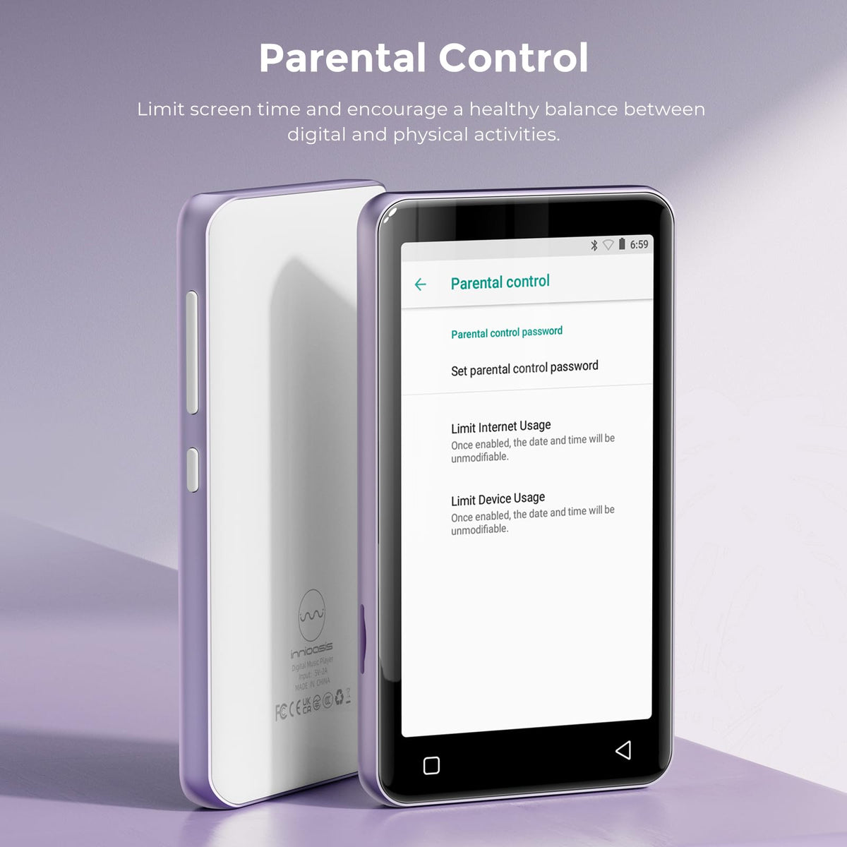 innioasis G1 touchscreen close-up with app icons, clear controls for kids