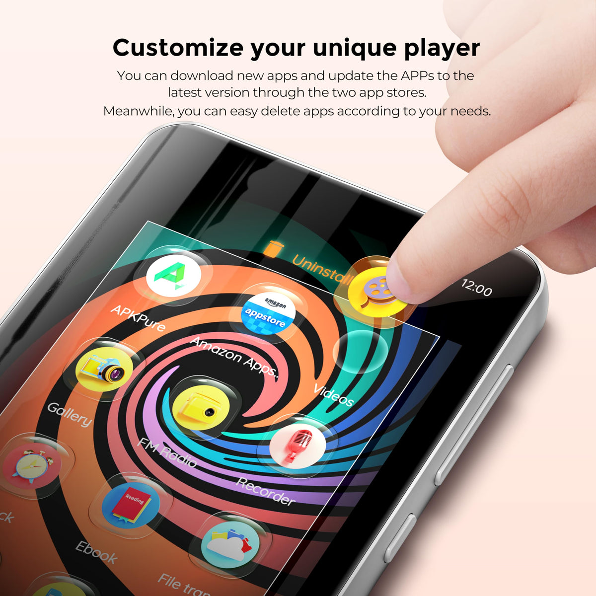 Innioasis MP3 Player 4‑inch touchscreen close‑up for clear navigation and video.