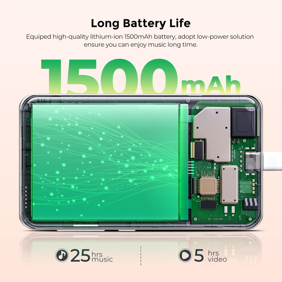 Innioasis MP3 Player battery life and USB‑C charging for long listening sessions.