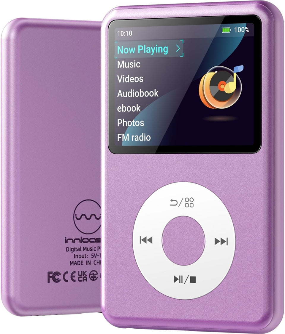 Innioasis MP3 Player with Bluetooth and 64GB purple for wireless listening on the go.