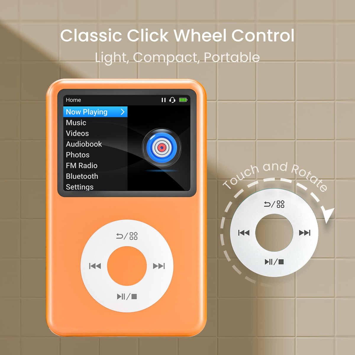 Innioasis mp3 player orange color close-up highlighting style and grip