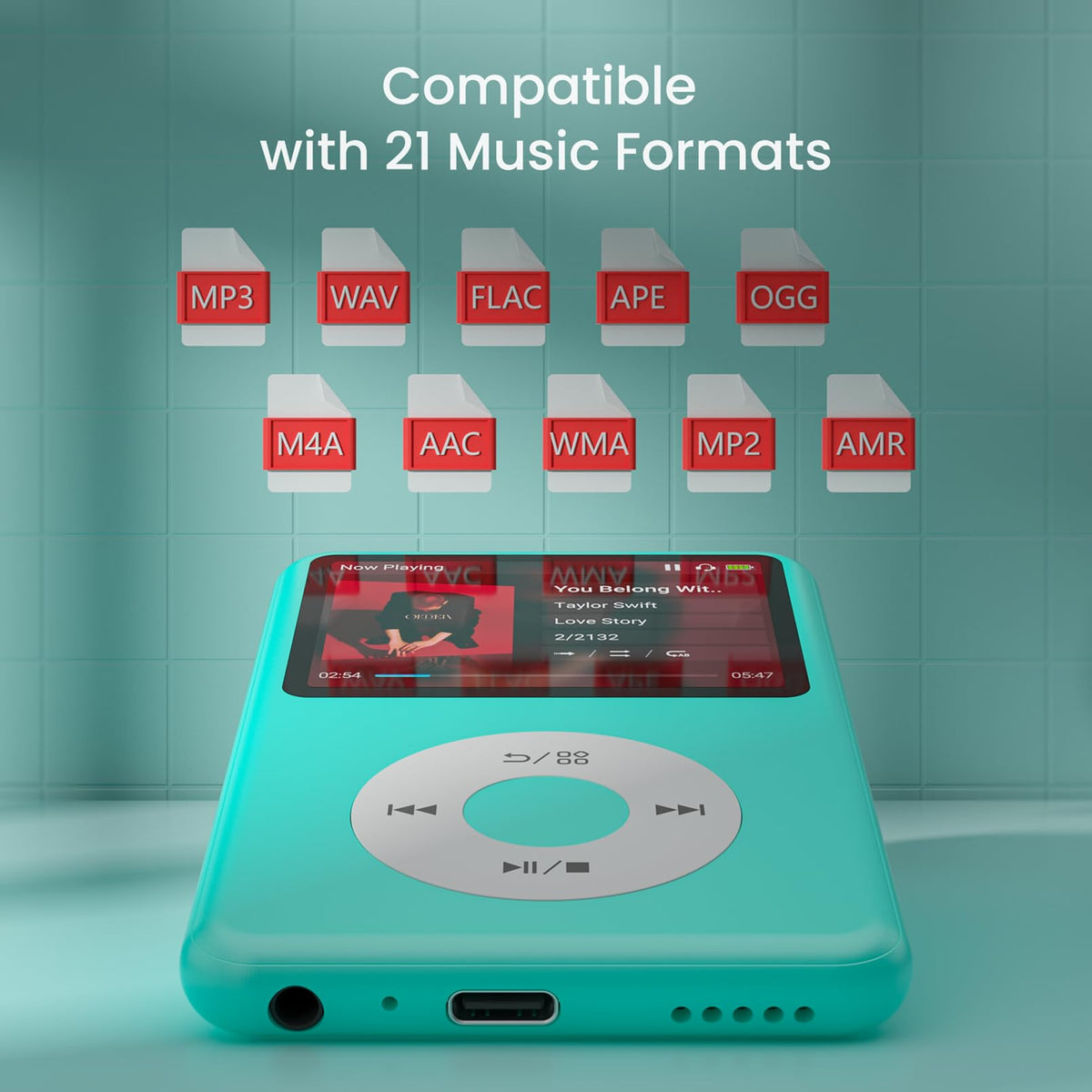 innioasis mp3 player ports and controls back view for easy access.