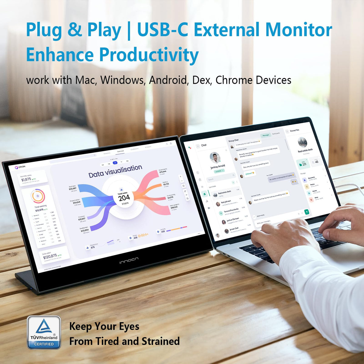 INNOCN monitor USB-C connection highlighting versatile laptop and phone compatibility