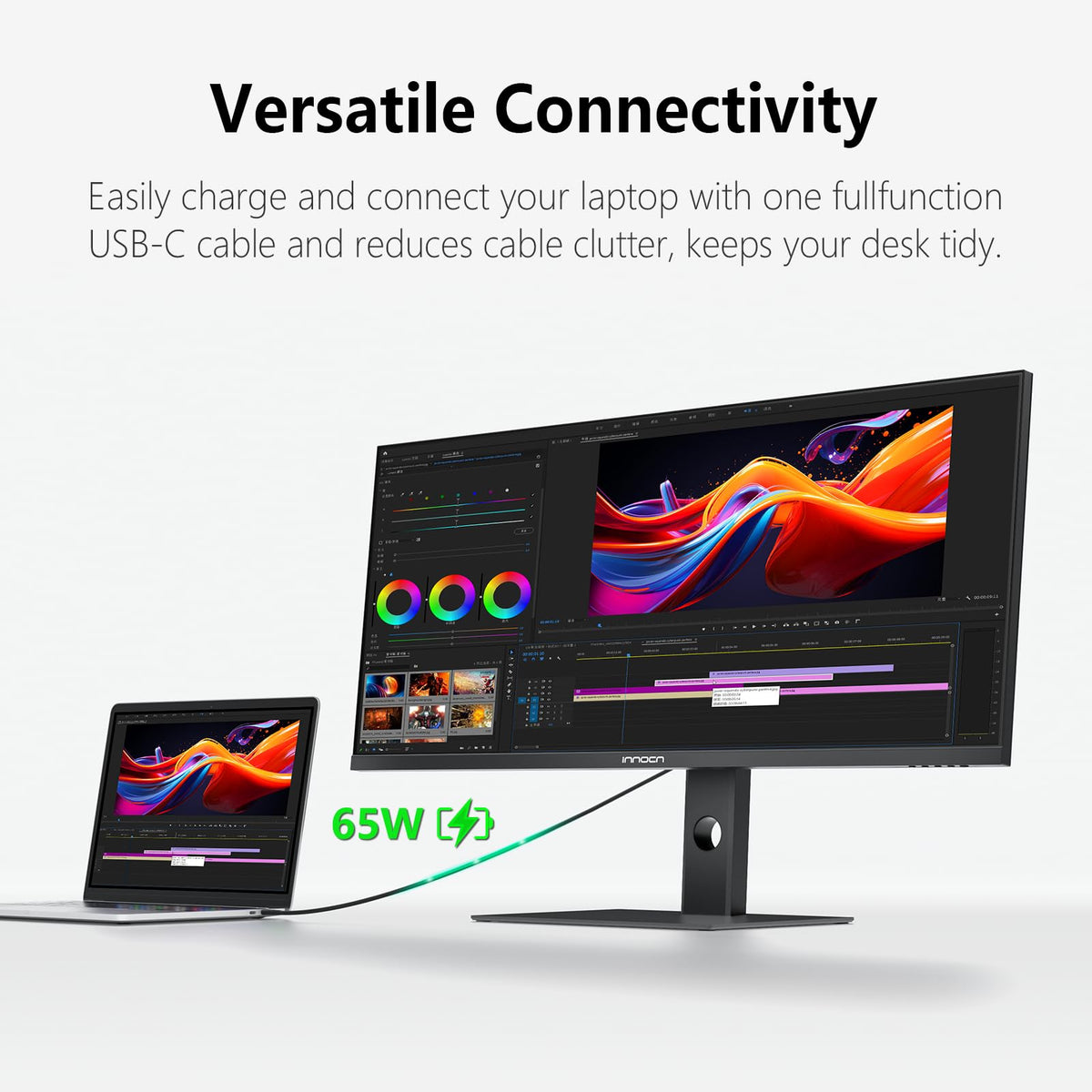 INNOCN 40C1U shows USB-C PD power delivery for single-cable laptop charging.