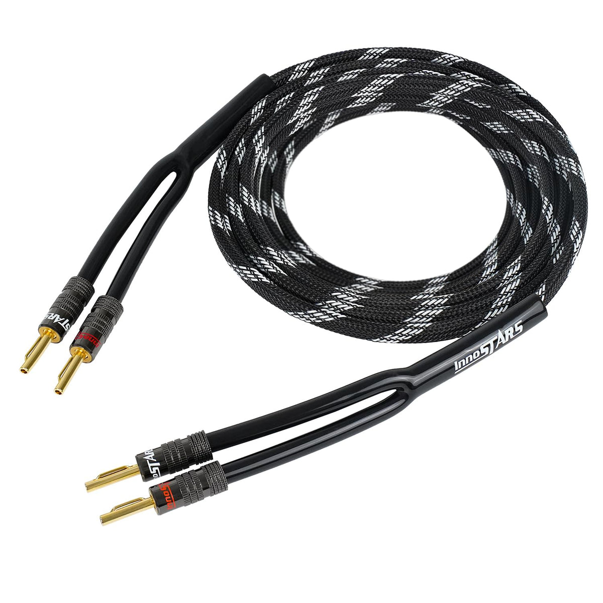 InnoStars 14AWG speaker wire with braided nylon jacket for easy hi-fi setup.