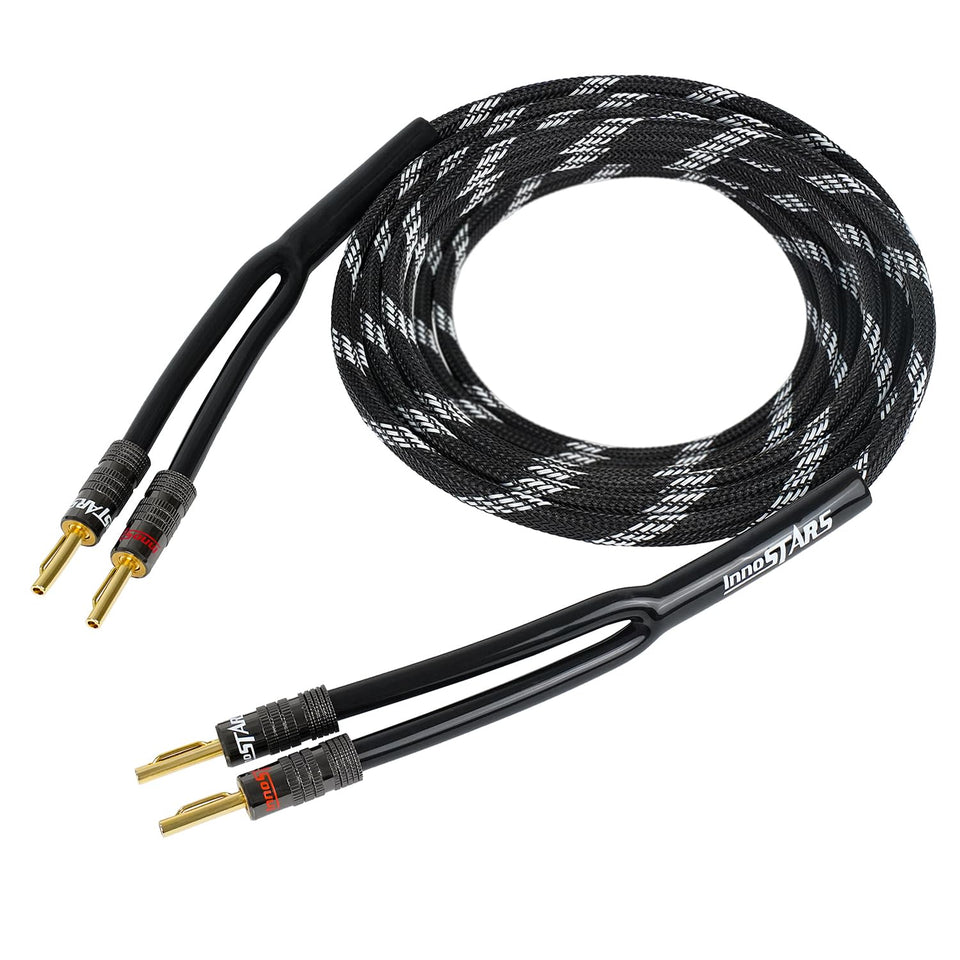 InnoStars 14AWG speaker wire with braided nylon jacket for easy hi-fi setup.