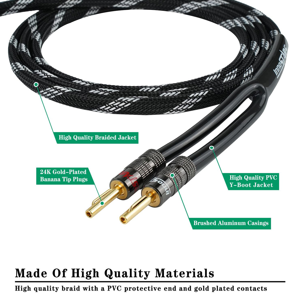 InnoStars dual banana plugs with gold plating deliver clean signals and corrosion resistance.