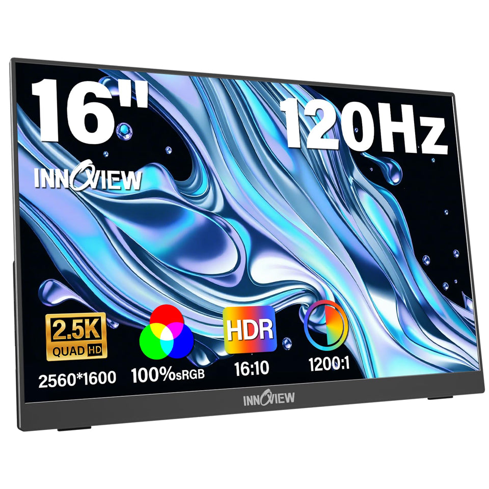 InnoView 16in portable monitor front view highlights 2.5K detail for work and entertainment.