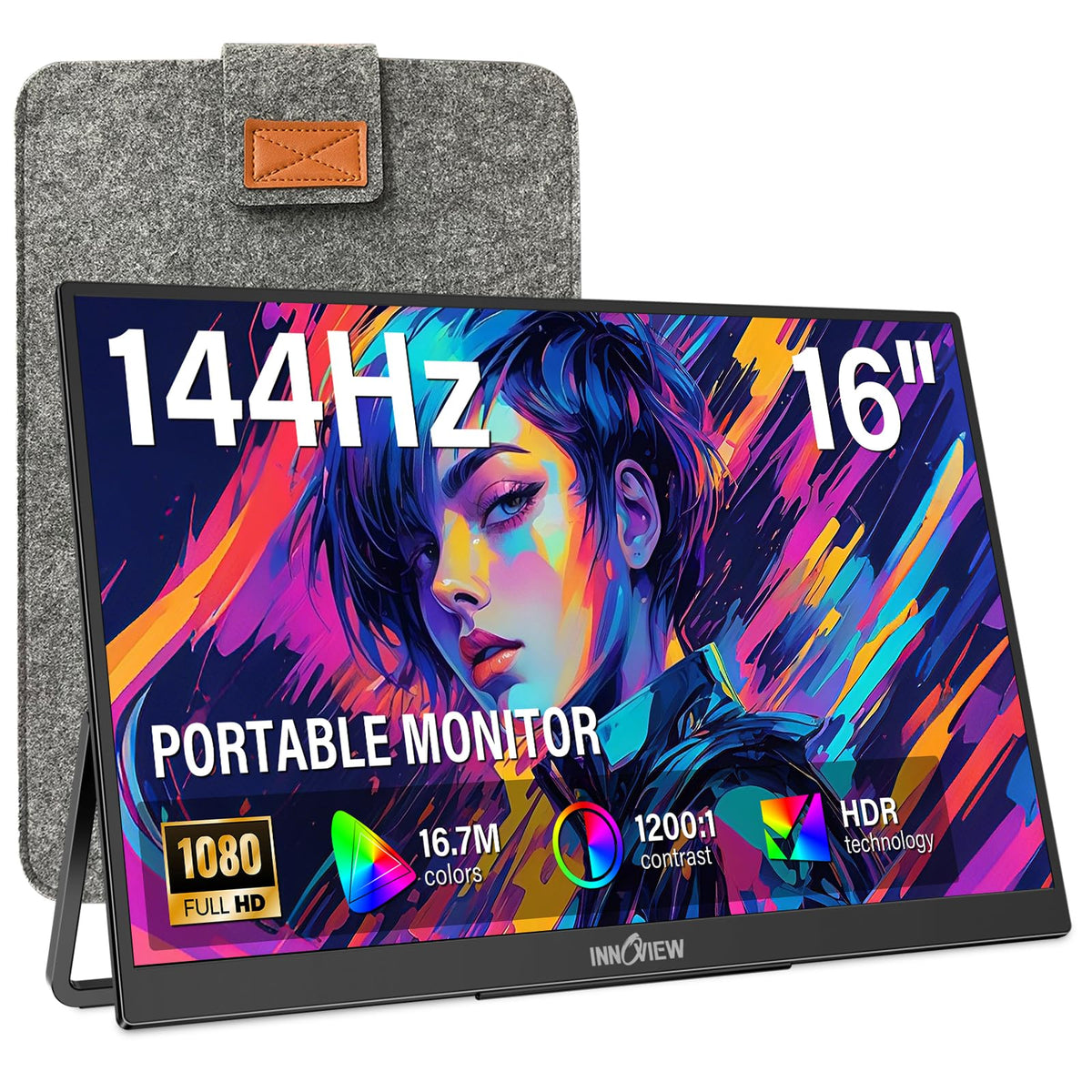 InnoView 16-inch portable monitor front view showing slim profile for on‑the‑go gaming