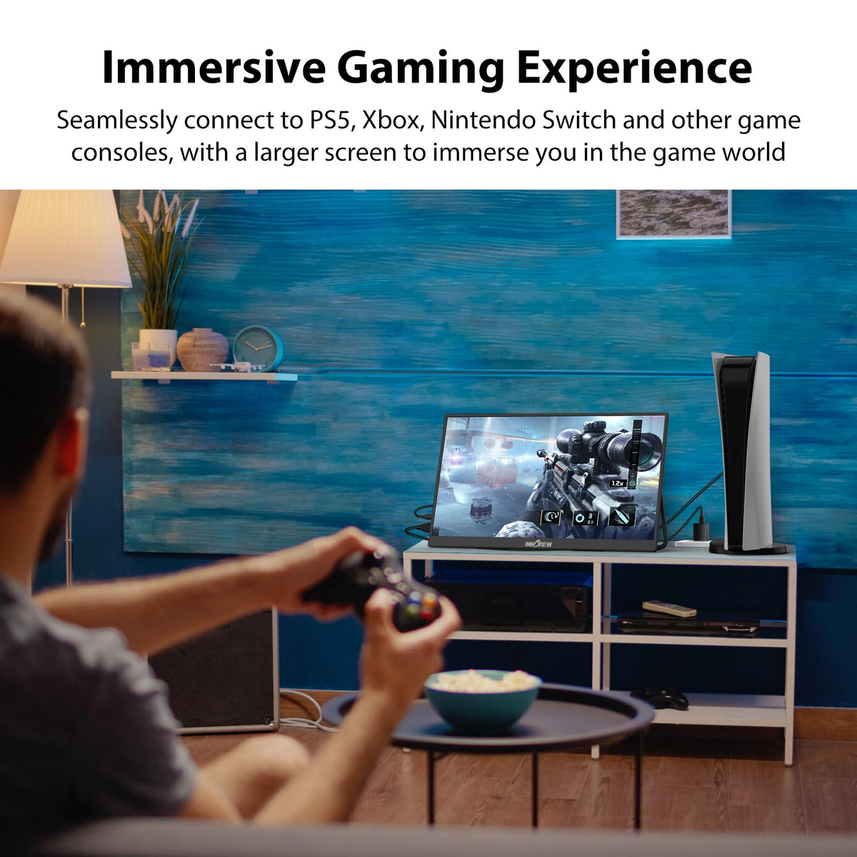 InnoView compatibility with MacBook, Xbox, Switch, and PS5 across devices.