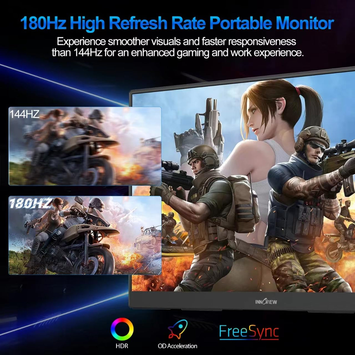 InnoView 180Hz display delivers smooth action for gaming and productivity.