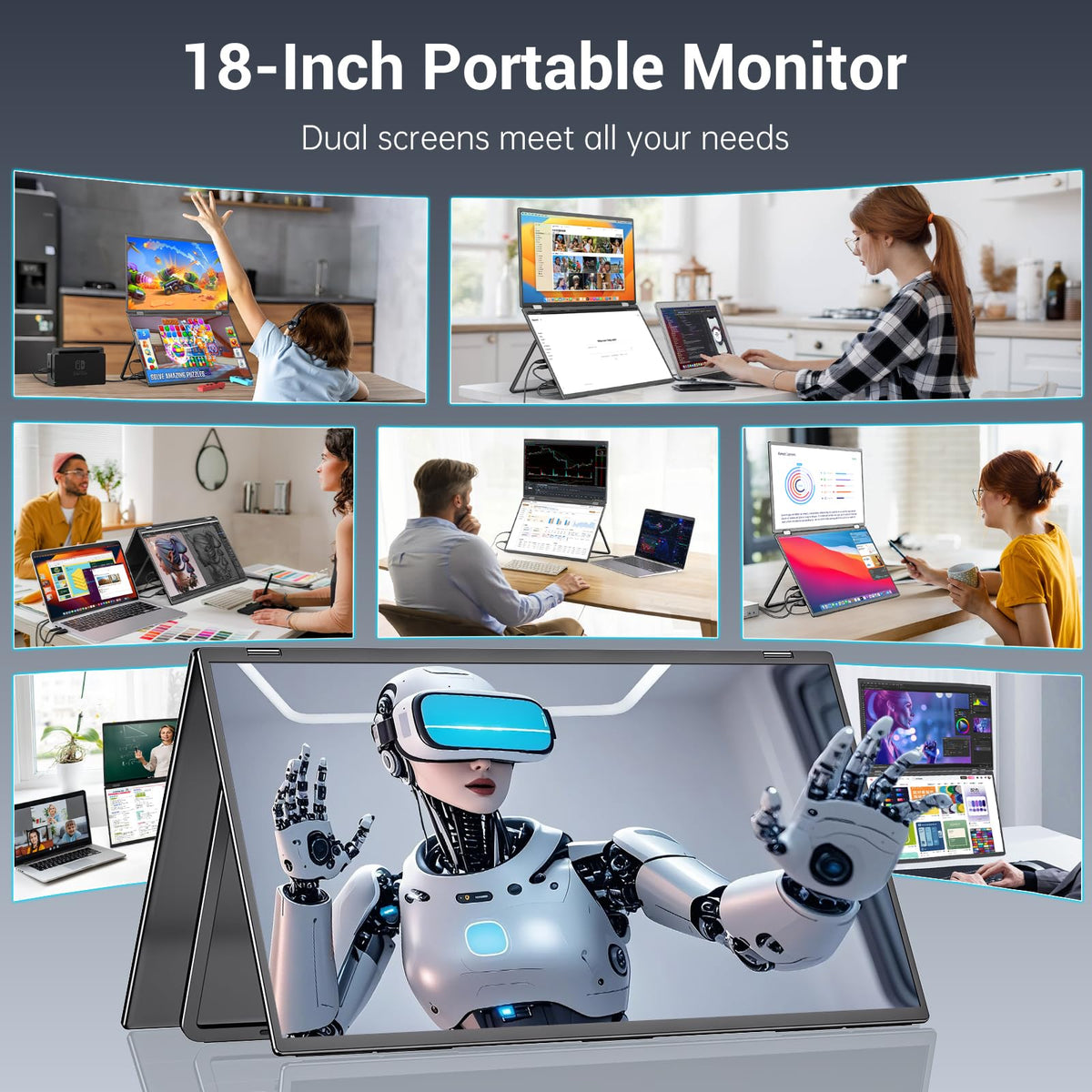 InnoView 18.5-inch dual monitor stacked with stand for expanded workspace on the go.