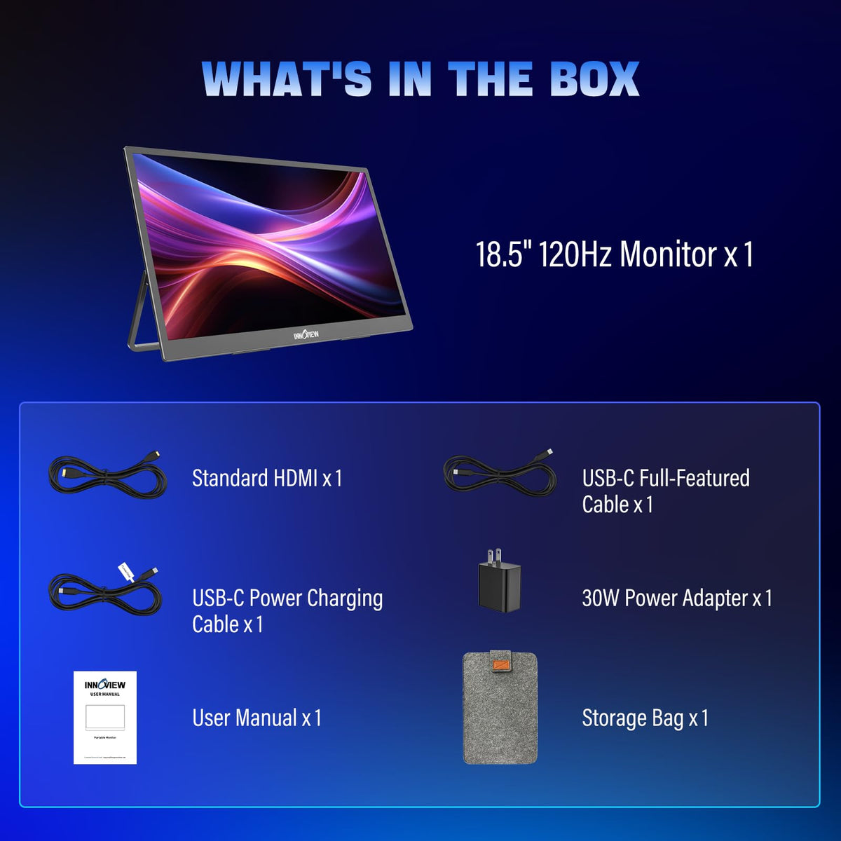InnoView 2K portable monitor included stand and cables for easy setup.