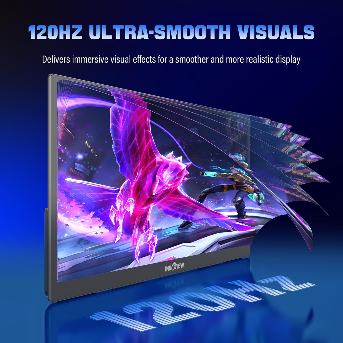 InnoView 2K portable monitor USB C and HDMI ports enable quick connections.