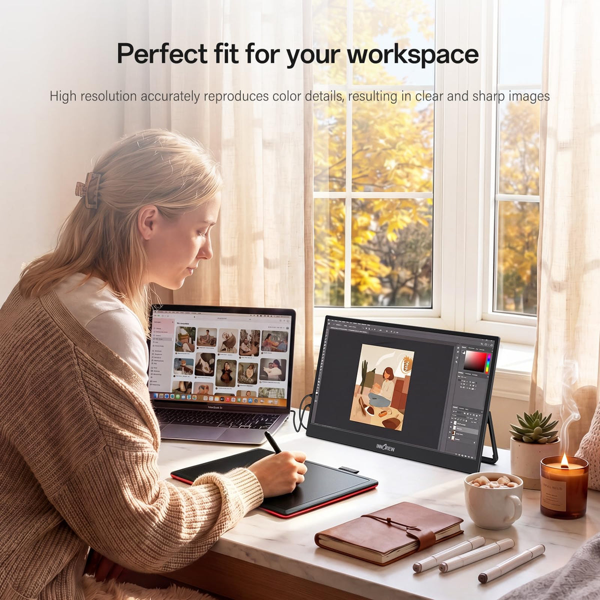InnoView built-in 180-degree stand offers versatile viewing angles.