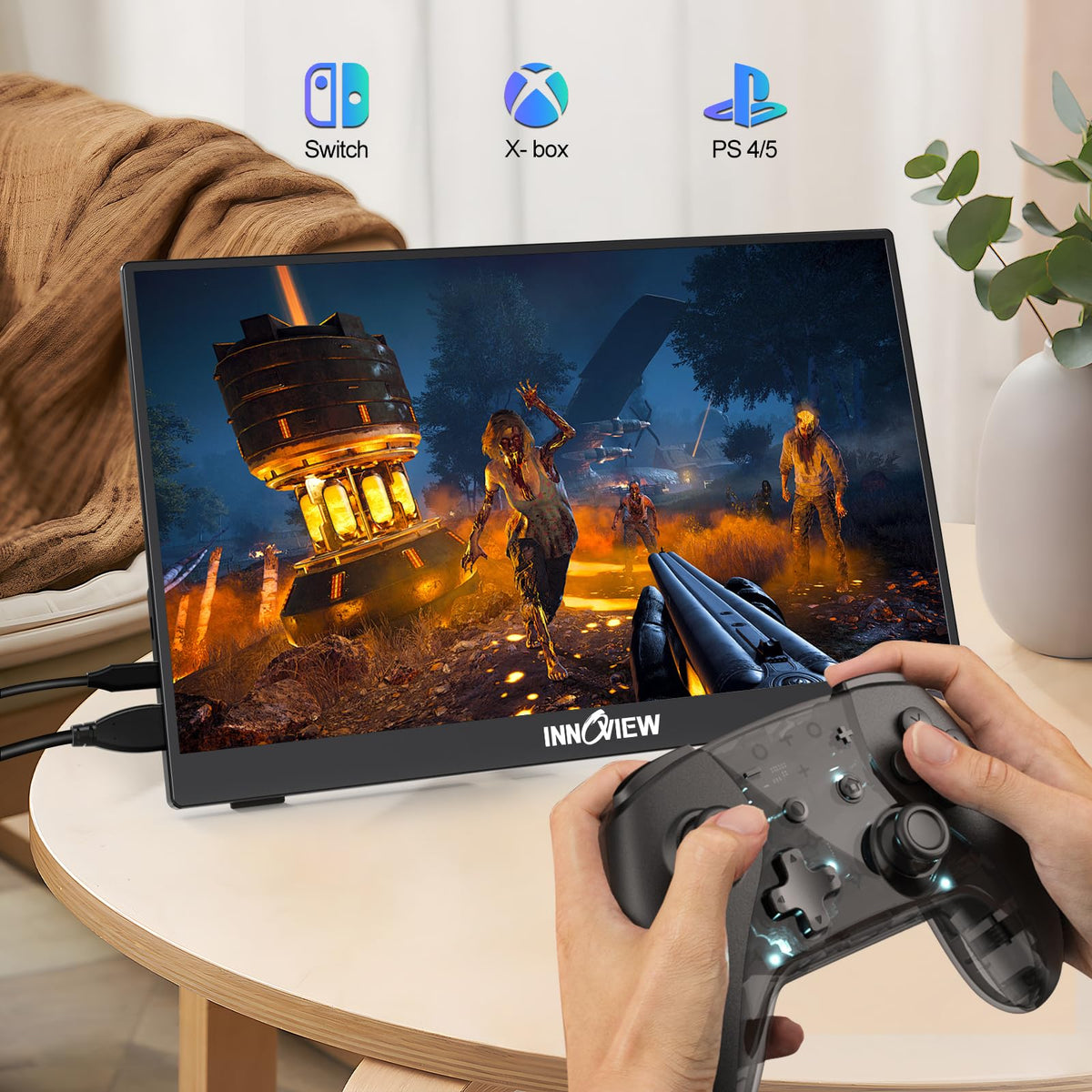 InnoView portable display compatible with laptop, phone, PS, Xbox, and Switch.