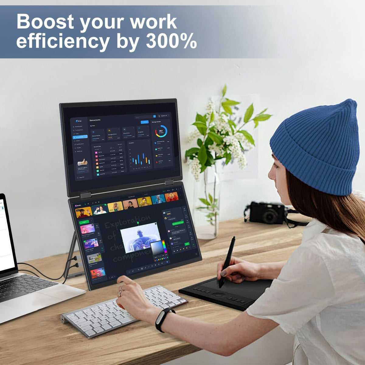 InnoView dual monitor packaging image showcases ready-to-use bundle with included power adapter and stand