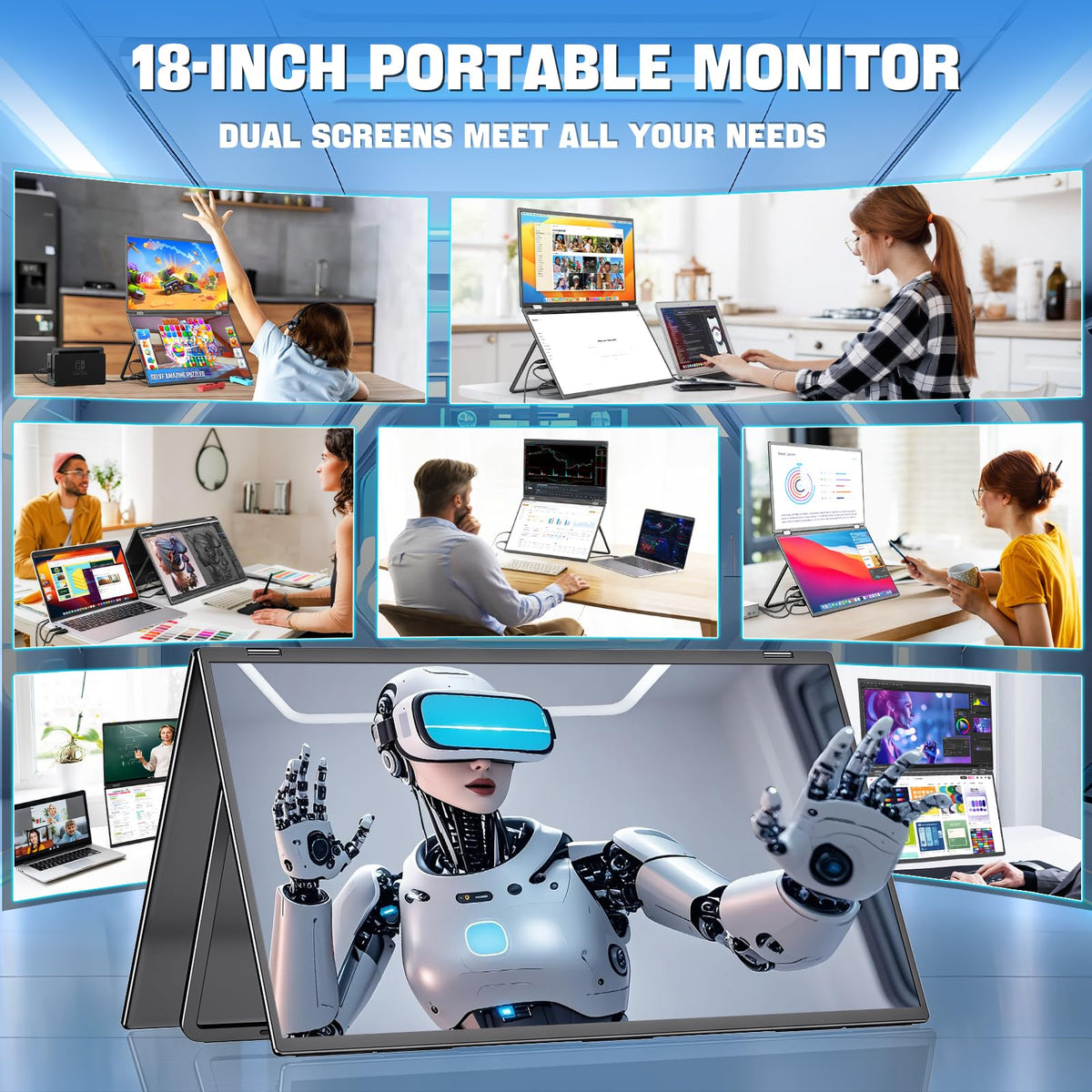 InnoView dual-monitor 18-inch folded-compact mode demonstrates portability for travel setups.