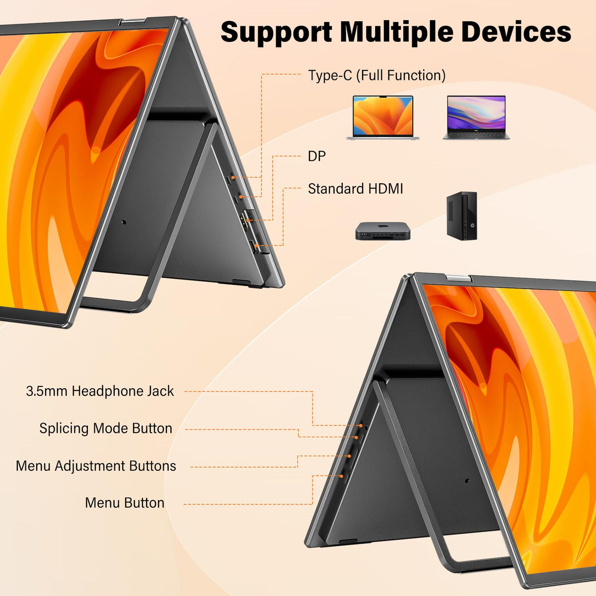 InnoView dual-monitor 18-inch two-device input illustrates simultaneous Windows and Mac connectivity.